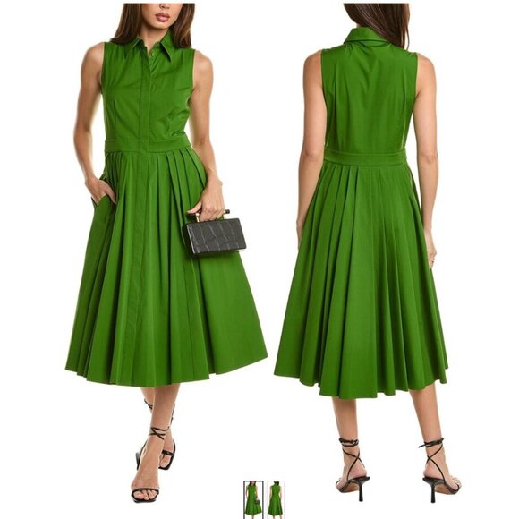 Michael Kors Collection Green Sleeveless Pleated Poplin Midi Shirt Dress 12 - Picture 4 of 14